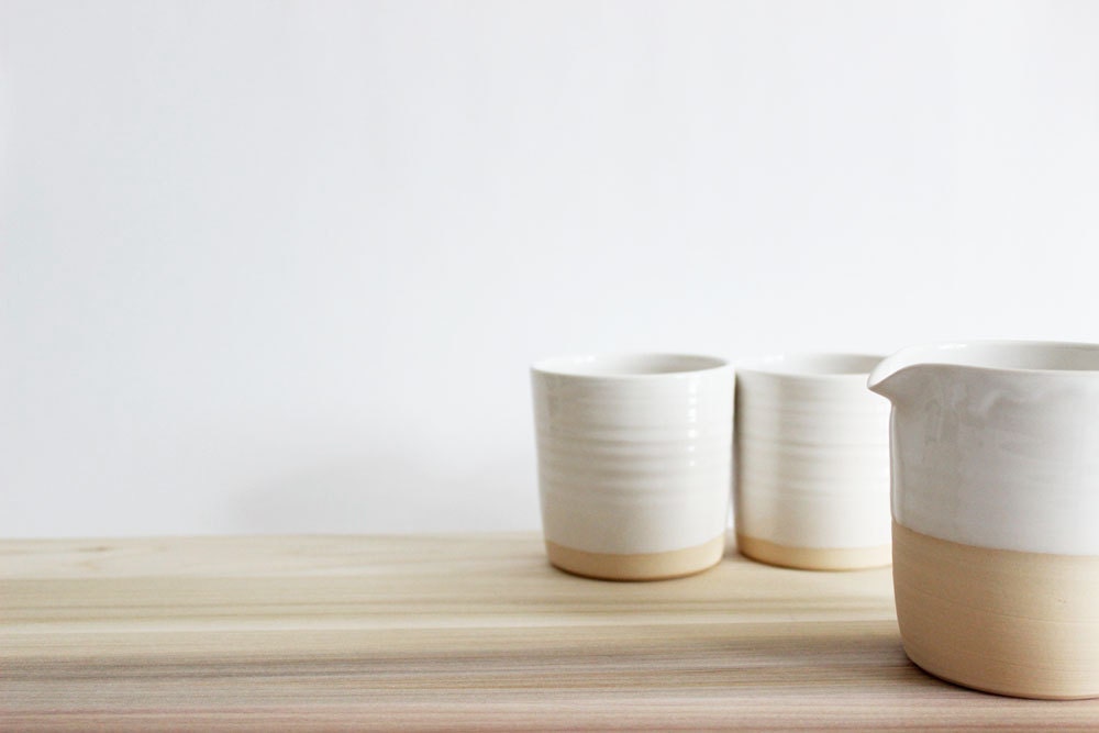 White cup and pitcher tea set, minimalist creamer and two pottery tumblers gift set