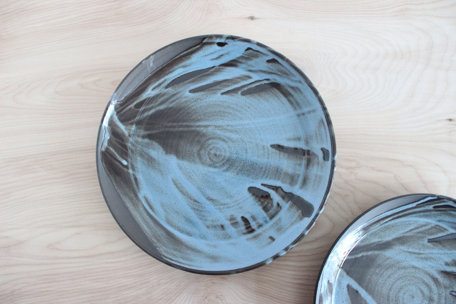 Two flow pattern serving plate set, two platters, 10.5, 9.5 in. serve trays with blue-brown for mothers day
