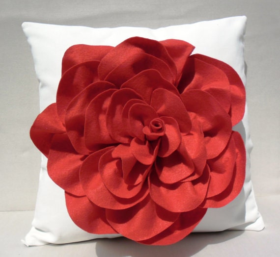 Red Rose on White Linen Fabric Square Pillow Cover,Housewares,Home Decor.