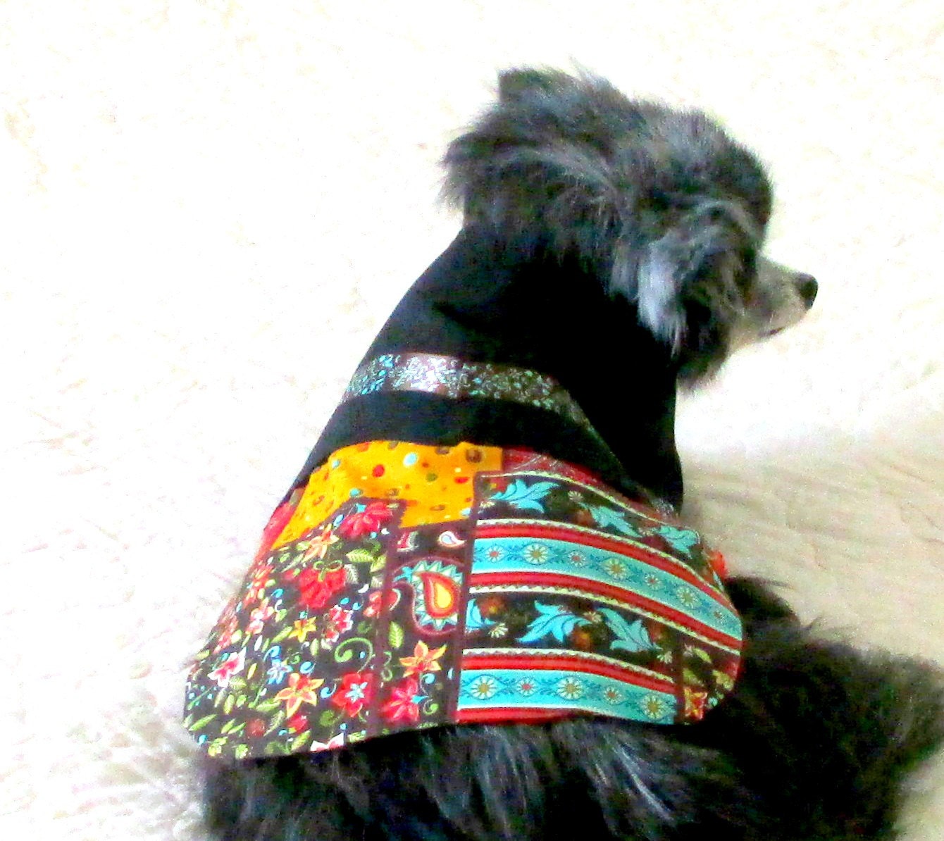 Toy and Teacup Dog's One-piece Cotton Patchwork and Black Dress with Trim Shih Tzu