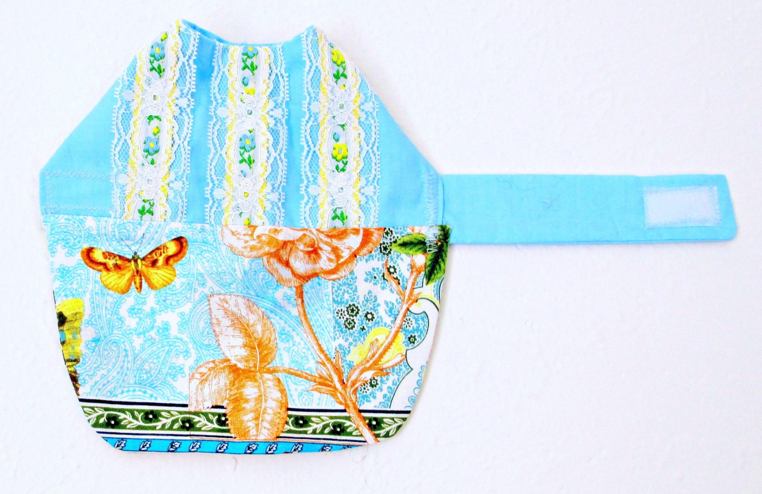 Dress for Puppy or Teacup Dog - Clothes with Baby Blue Bodice with Lace and Multicolored Floral Skirt