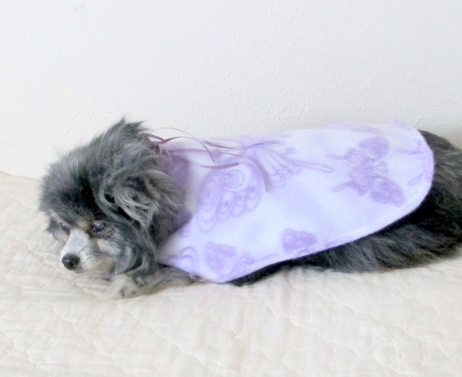 Fleece Small Dog's Coat Made to Order for Min Pin and Others - Lavender "Butterfly Garden" Print with Satin Bow