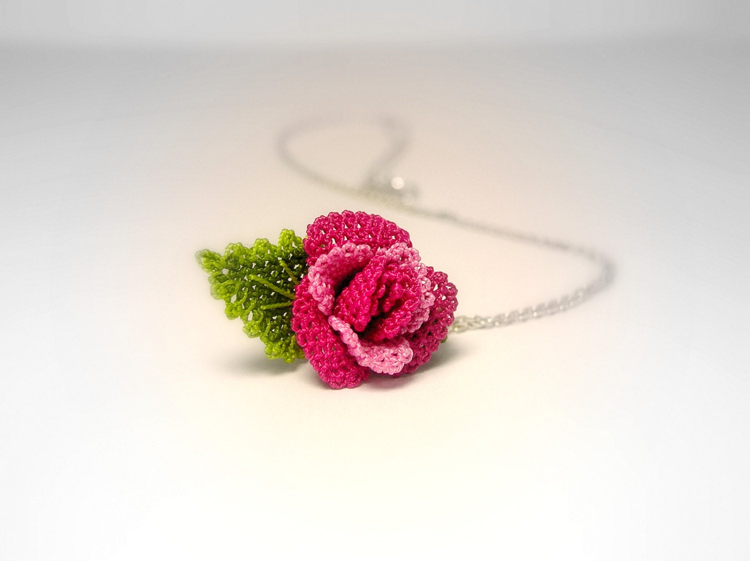 Minimalist jewelry, small rosy pendant, lace rose pendant, bright pink, mini flower, sterling silver chain, rosary, ooak lace pendant TAGT