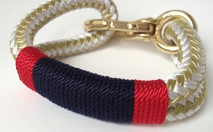 Gold and White Nautical Rope Bracelet with Navy and Red Wrap and Bronze Clasp