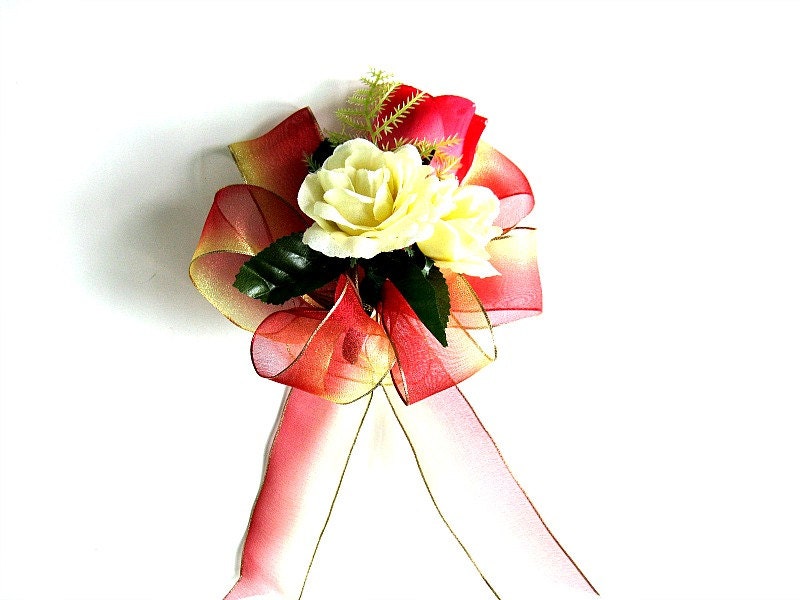 Birthday bow with yellow and dark coral roses, Birthday gift bow, Special Occasion bow, Gift wrap bow, Sunset gift bow (HB37)