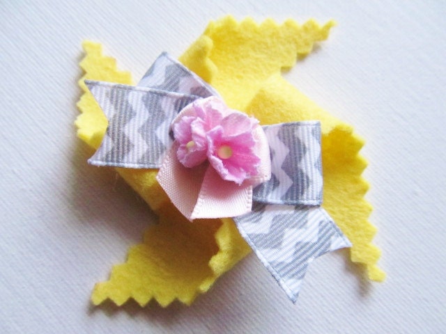 Girls/Baby Felt Pinwheel Hair Bow, Flower Hair Clip, Chevron Hair Bow, Unique Hair Clip, Baby/Girl Spring Hair Accessory-Pink, Yellow, Gray