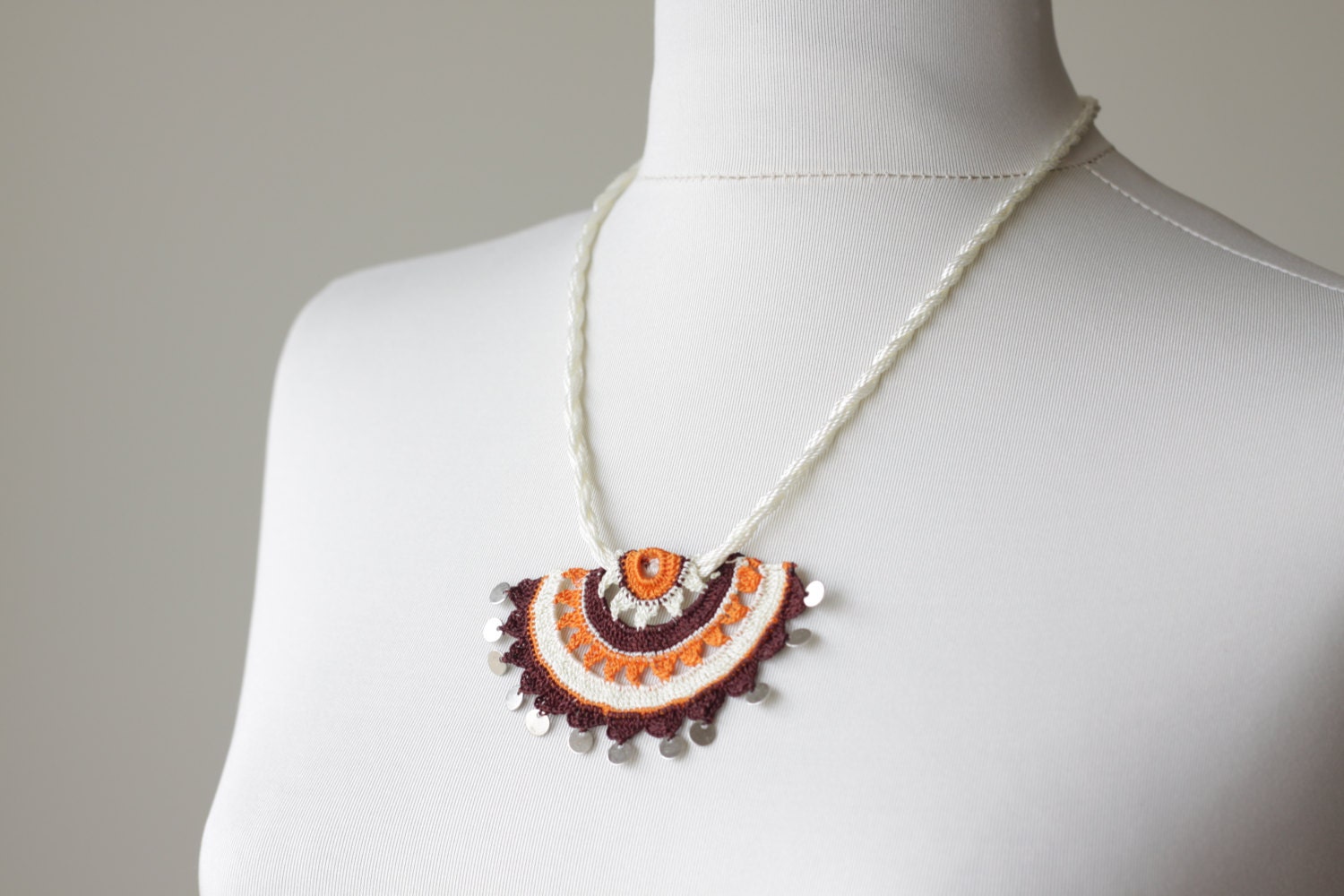 Crochet Necklace with Turkish Crochet oya, brown orange cream, Women accessories, NEW, Oya, Floral, Handmade, Spring Trends Fashion