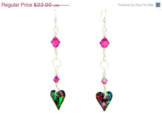 SALE Heart Earrings, Crystal Heart Earrings, Fuchsia Heart Earrings, Valentines Day, Steampunk, Love