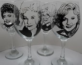 Golden Girls, Painted Wine Glasses, Hand Painted Glasses