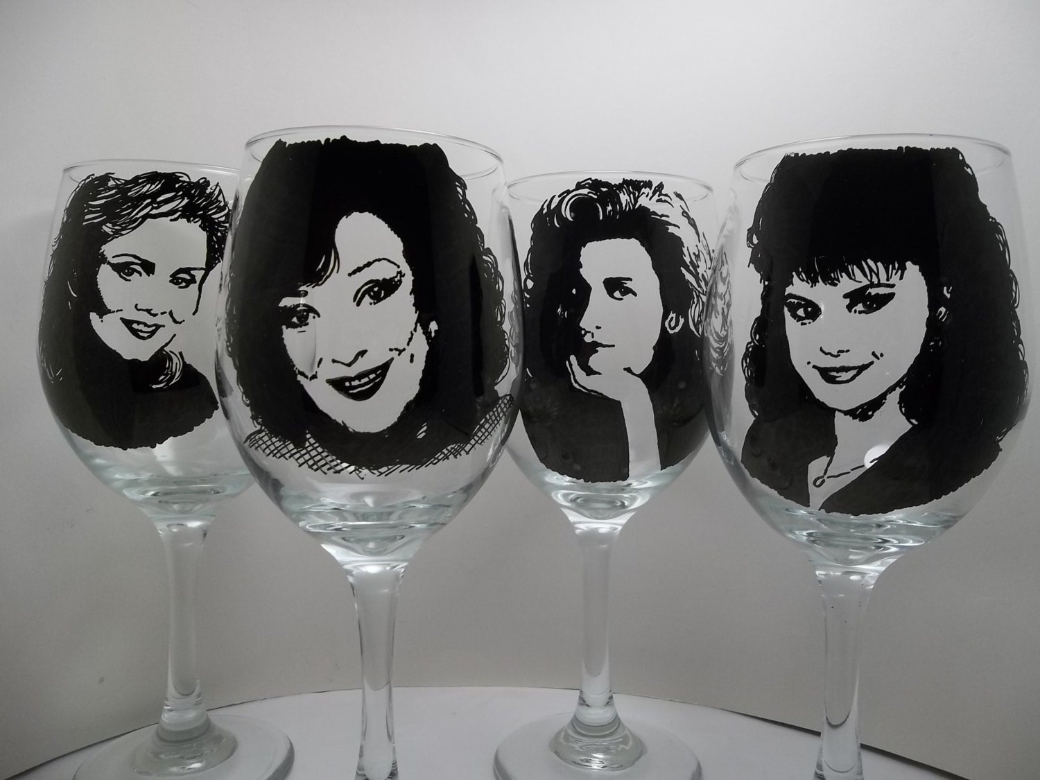 Designing Women, Wine Glasses, Hand Painted Glass