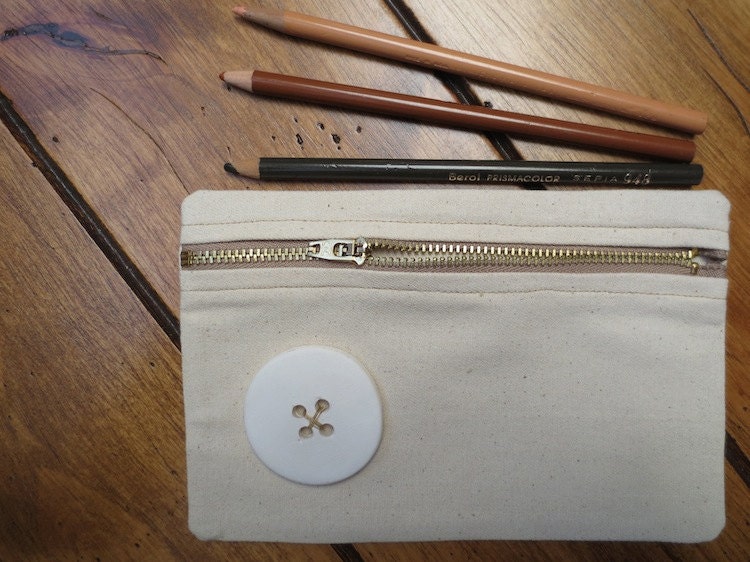 zippered clutch, handmade, ceramic button, pouch, ticking, natural, white