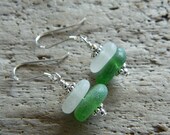 Genuine Green and Clear Stacked Sea Glass Earrings