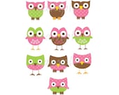 Set of 10 Iron On OWL Appliques for  Baby Girl Shower, Pink, Green