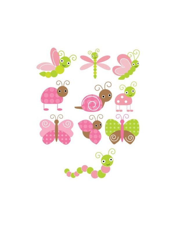 Set of 10 Iron On Bugs and Butterfly Gardem  Appliques for  Baby Girl Shower, Pink Decorate Onesies