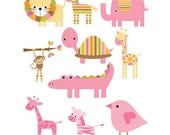 Set of 10 Iron On Pink Jungle Animals Appliques for  Baby Girl Shower, Pink, Green