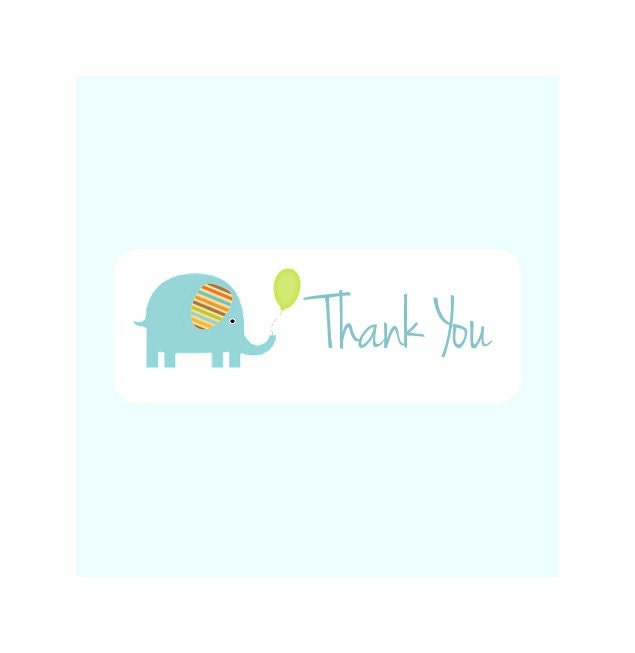 60 THANK YOU Stickers Mod Handwriting Elephant and Balloon size 2.65x1"  Baby or Wedding Showers