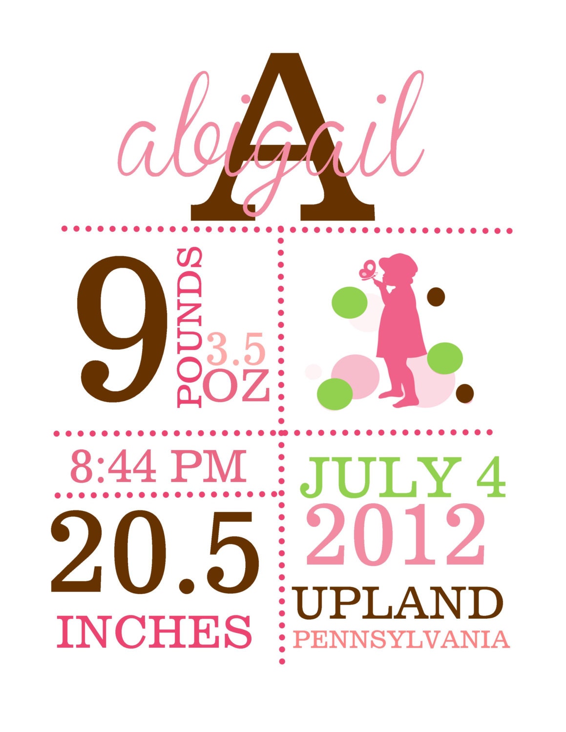SALE Baby Girl Birth Announcement Printable in Colors PDF