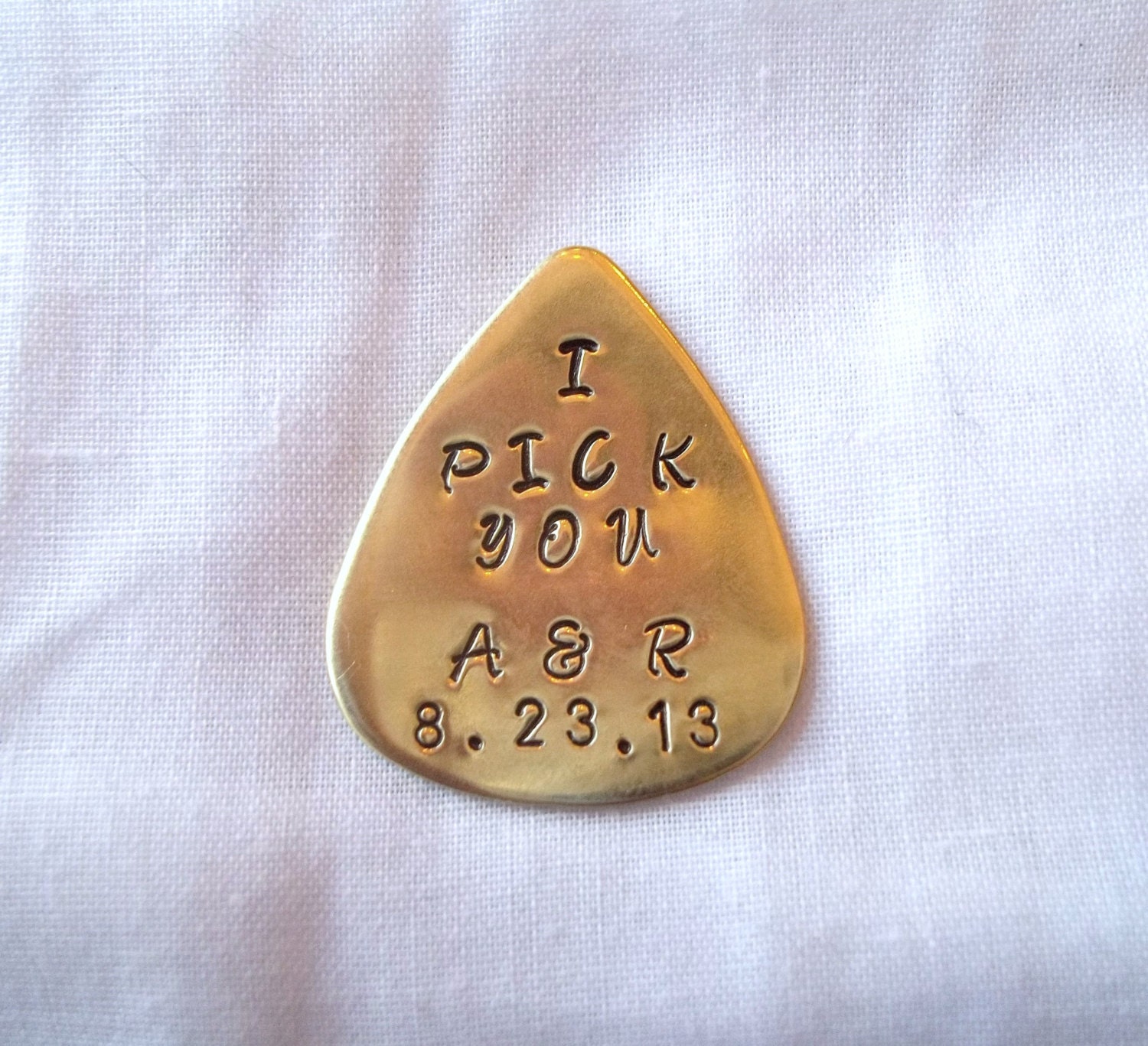 Customized Brass Guitar Pick -- Father's Day Gift - Personalized - Hand Stamped - Wedding Favors