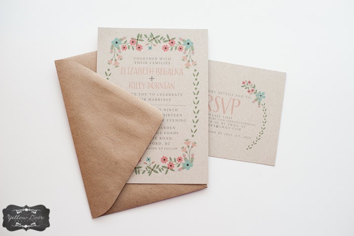Wedding Invitation / / Rustic Kraft Paper Country Wedding Invite with Pink & Teal Flowers