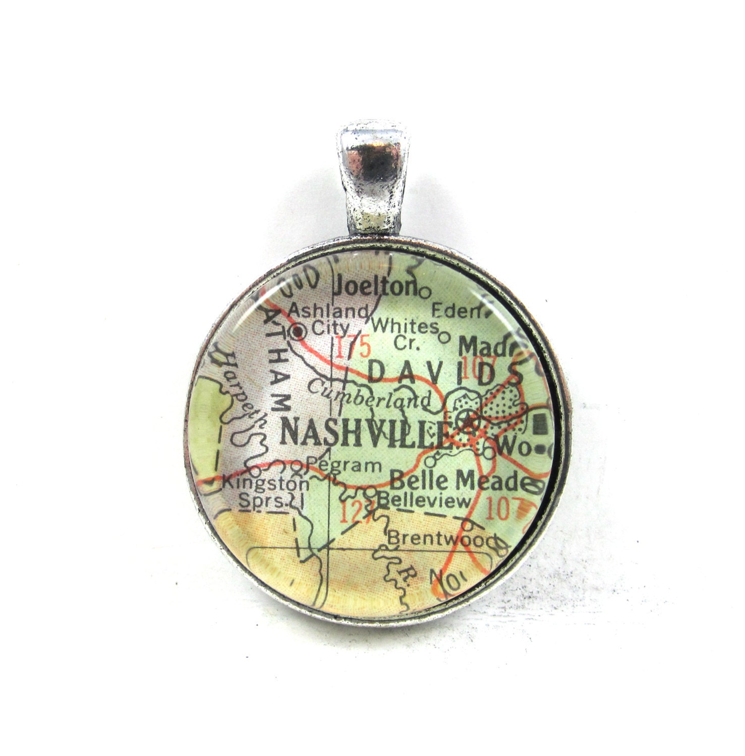 Vintage Map Pendant of Nashville, Tennessee, in Glass Tile Circle