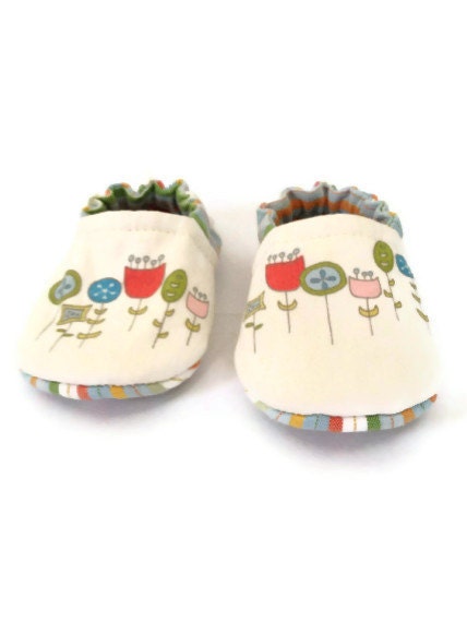 Blossom's Reversible Baby Shoes, stripes and wildflowers, soft fabric booties, avail to order sizes 0-18 mo.