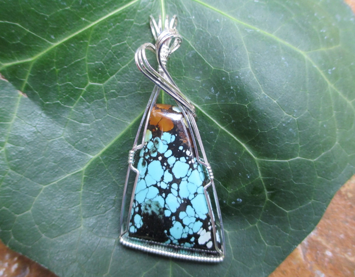 Chinese Hubei Turquoise Stone Sterling Silver Wire Wrapped Pendant Necklace