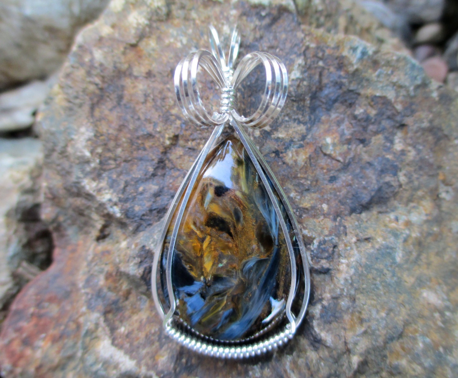 Golden Blue Flash Pietersite "Tempest" Stone Sterling Silver Wire Wrapped Pendant
