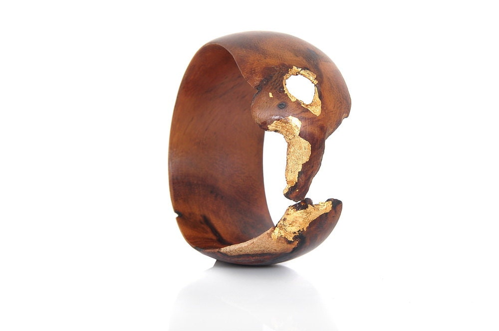 Wood Bracelet/Bangle, Indian Rosewood and  Gold Leaf - Golden Brown