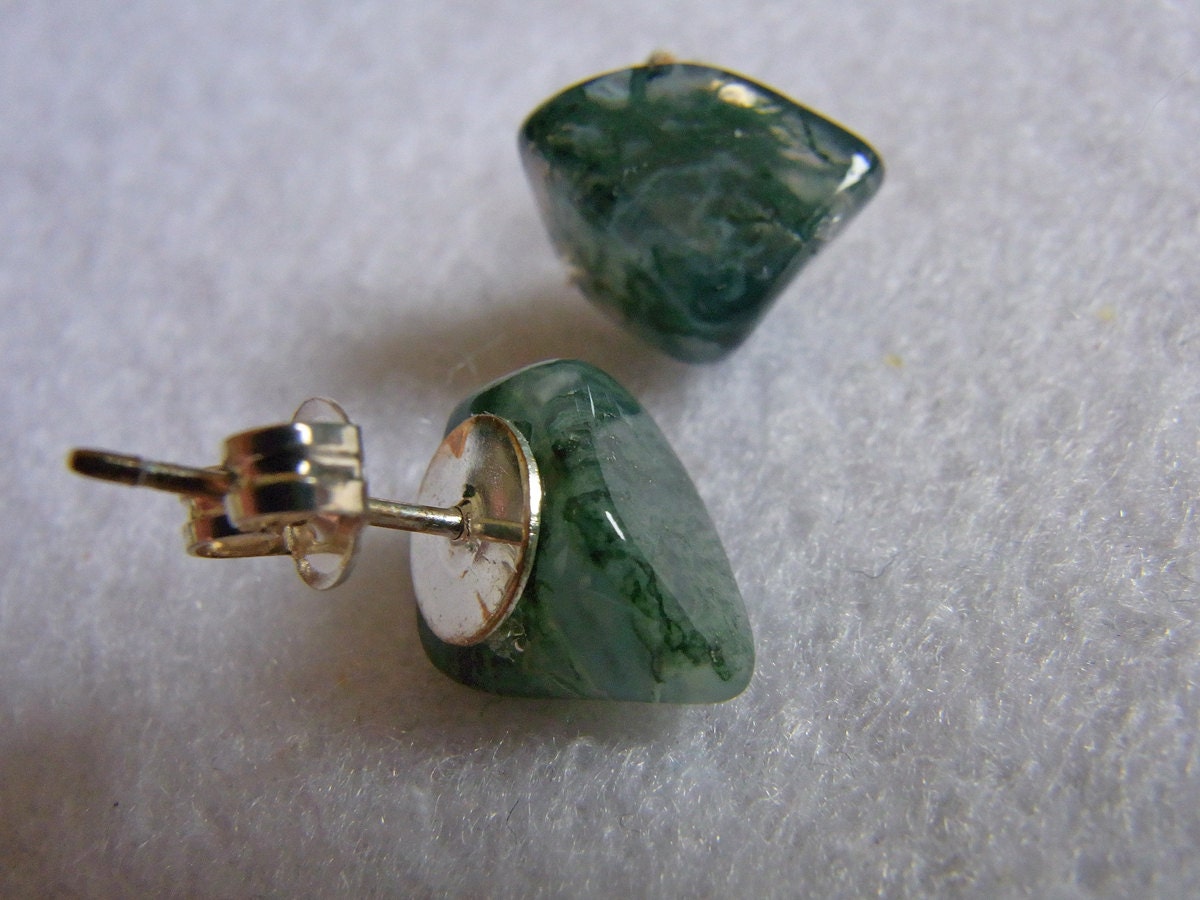 Moss Agate Semi Precious Stone Stud Earrings