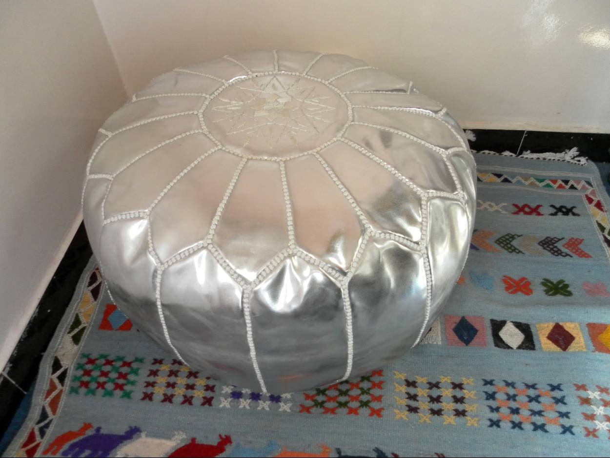 Silver color Faux leather MOROCCAN POUF :hand stitched / embroidered