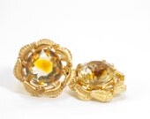 Gorgeous Yellow Rose Earrings Golden Hues Cut Crystal Beauty