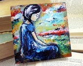 5 x 5 Woodblock Print Original Artwork Meditation Mixed Media Girl Woman Painting Portrait Textural Australian Art - Pursuit of Peace