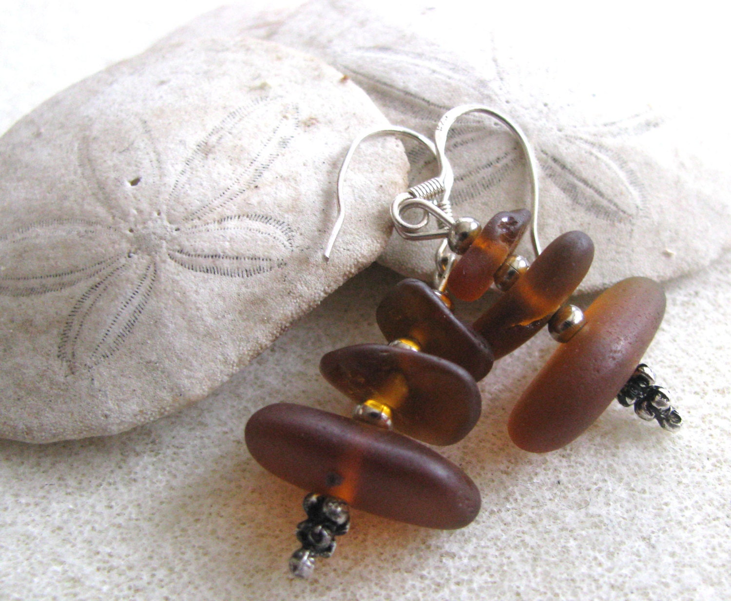Stacked Root Beer Brown Sea Glass Earrings with Sterling Silver.