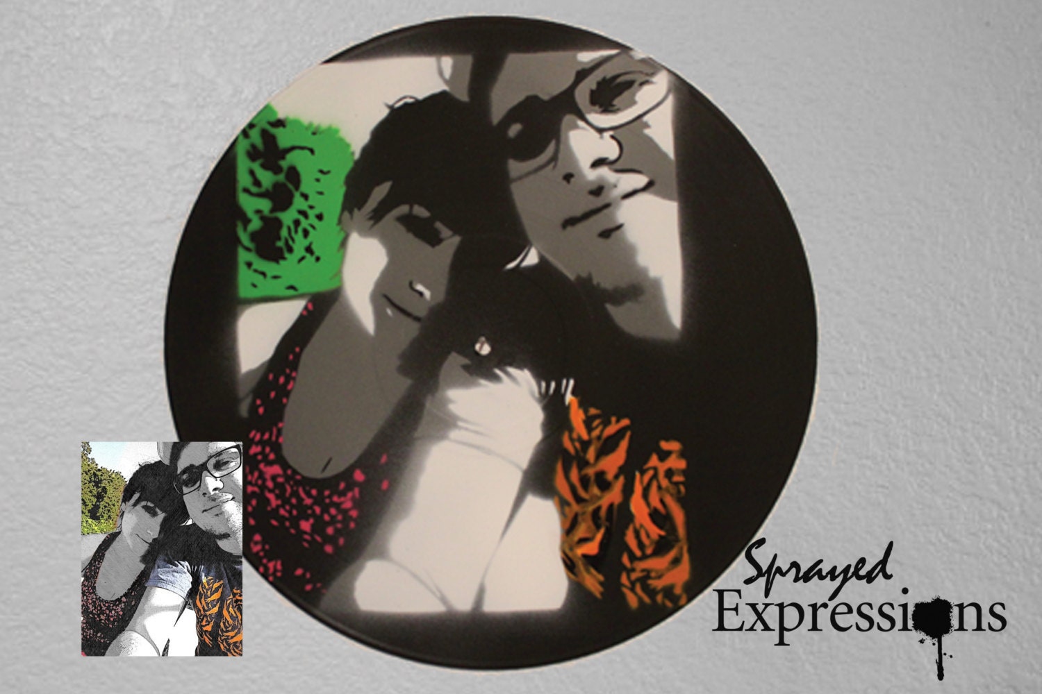 Customizable Couples Portrait Spray Paintings on Upcycled Vinyl Record - Made to Order