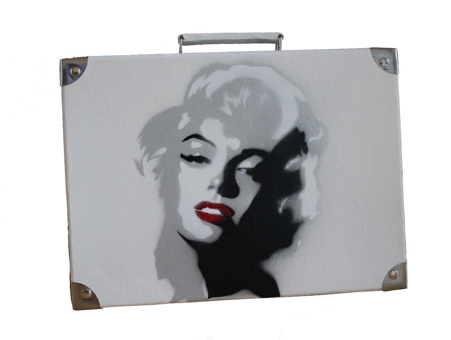 Marilyn Monroe Spray Painting on a Small Paper Mache Suitcase