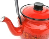 Finel Red Enamel Flower Teapot Kettle / Arabia Finland Kaj Franck / Mid Century Scandinavian Modern