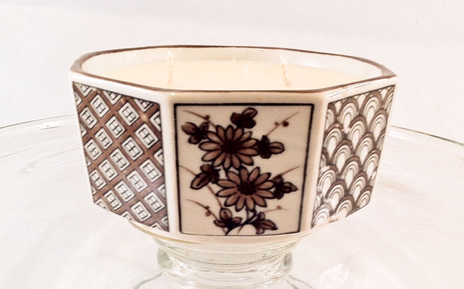 Vintage Recycled 8 Sided Brown Floral Noodle Bowl Handmade Scented Soy Candle