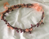 Tinkerbell's Woodland flower hair wreath ( peach rose) - Wedding headpiece, headband, vintage inspired rose crown, pip berries