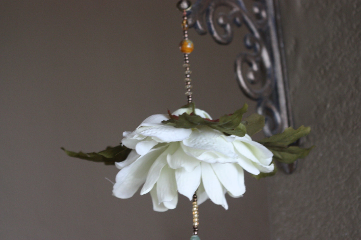 Vintage White Beaded Floral Ceiling Ornament with Pig Bell Charm