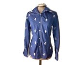 Polo pony vintage blue embroidered western ladies' shirt - Leslie Fay M white cowgirl / cowboy