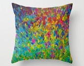 DECORATIVE THROW PILLOW Cover 18 x 18 Bold Colorful Abstract Acrylic Painting Art Ocean Waves Beach Bird Feathers Rainbow Teal Blue Magenta