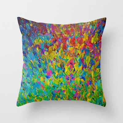 DECORATIVE THROW PILLOW Cover 18 x 18 Bold Colorful Abstract Acrylic Painting Art Ocean Waves Beach Bird Feathers Rainbow Teal Blue Magenta
