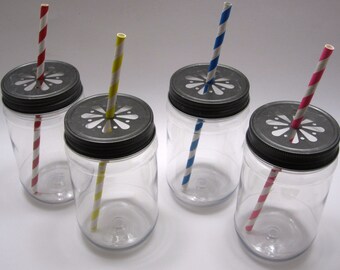 20 Plastic Mason Jars with Daisy Cut Lids - Choose from 3 Different Lid Colors, Candle making, Kids Crafts
