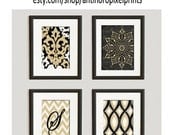 Personalized Khaki Tan Creme Black Vintage / Modern inspired Ikat Art Prints Collection  -Set of (4) - 8x10 Prints -   (UNFRAMED)