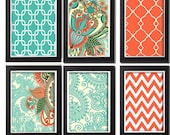 Coral Tiffany Grey Ikat Vintage Modern inspired Art Print  - Set of Six (8x11) Prints