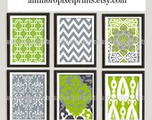 Green Greys White Digital Print Wall Art Prints Vintage / Modern Inspired  - Set of 6 - 16x20 Prints - Yellow / Grey (UNFRAMED)