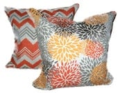 Blooms.Mums.Chevron.Pillow Covers.TWO PIECE SET.Orange.Gray.18x18 inch.Decorator.Housewares.Home Decor.Chevron.Bloom.Cushion Covers
