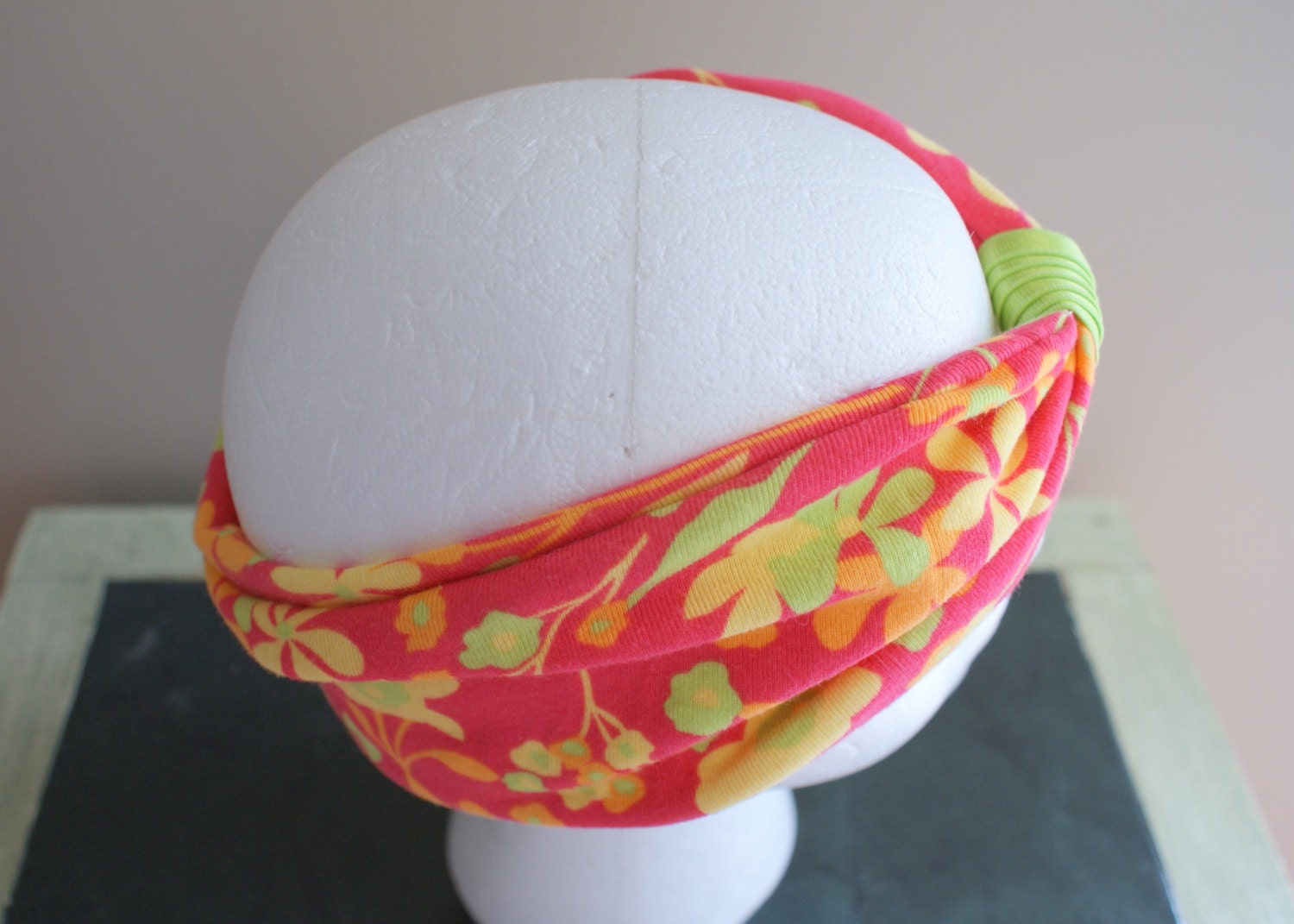 Orange Jersey Knit Headband, Wide Fashion HairBand, Orange Print Bandana, Shabby Chic Turban Headband, Stretchy Turband, Hippie Hairband