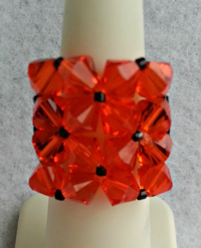 Orange and Black San Francisco Giants Team Colors Swarovski Crystal Stretch Band Square Cocktail Ring