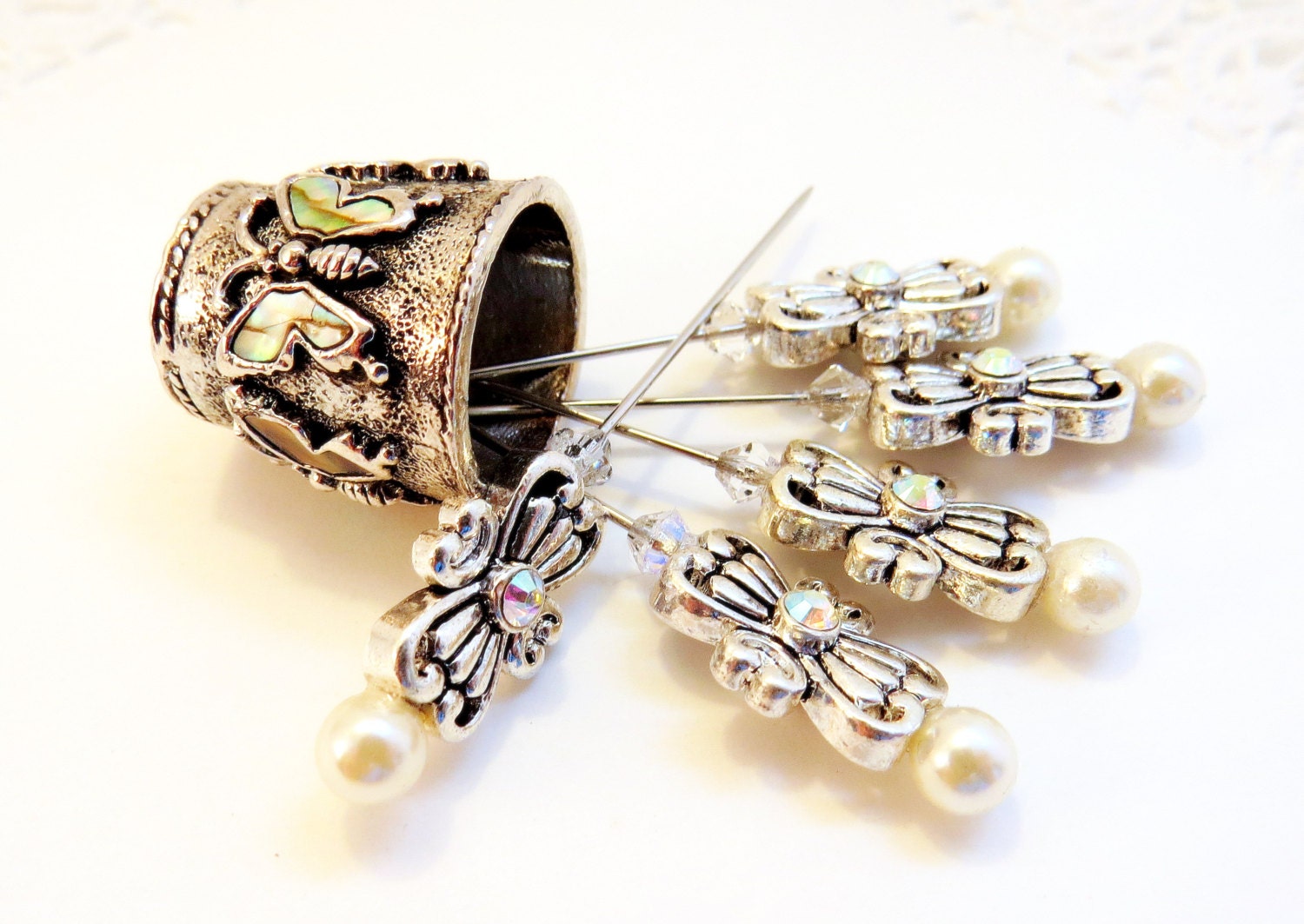 Set 5 needlecraft accessories wedding straight pins iridescent pearl bridal silver craft sewing room bulletin boards tagt stitch markers